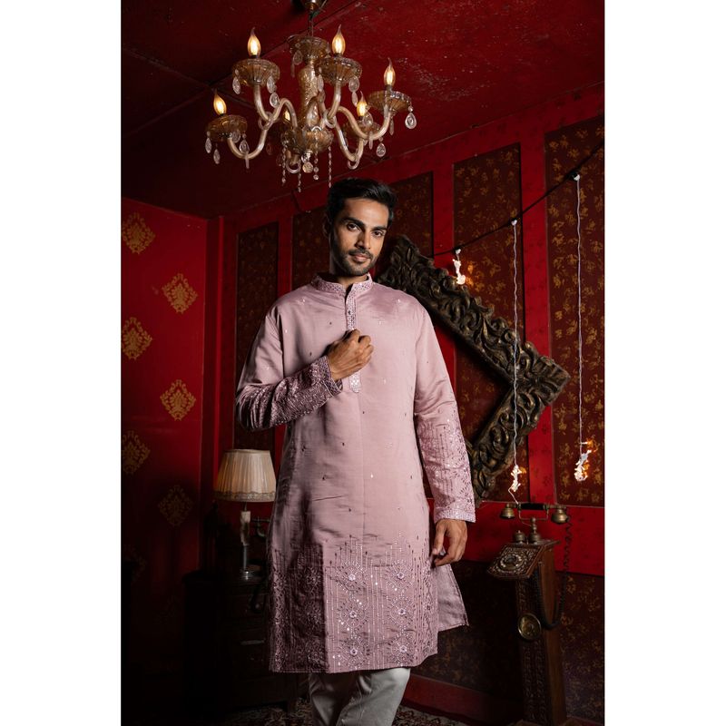 SHASAK Men Pink Cotton Thread Work Regular Fit Kurta (S)