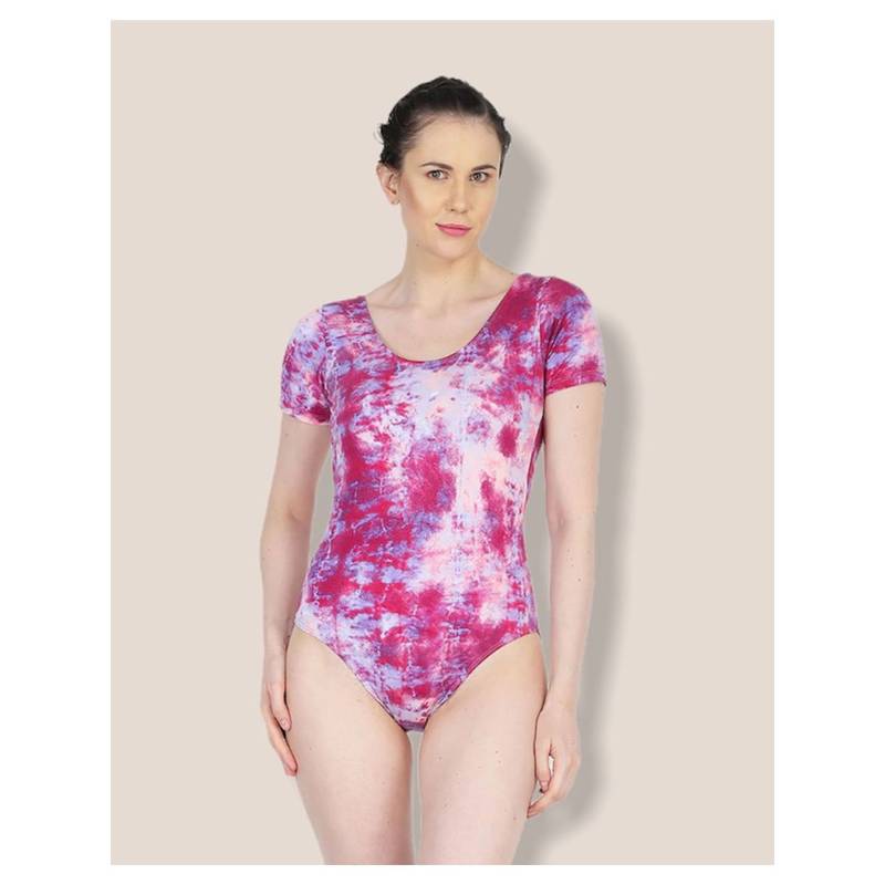 The Dance Bible Printed Pink Tie Dye Short Sleeve Bodysuit Leotard (XS)