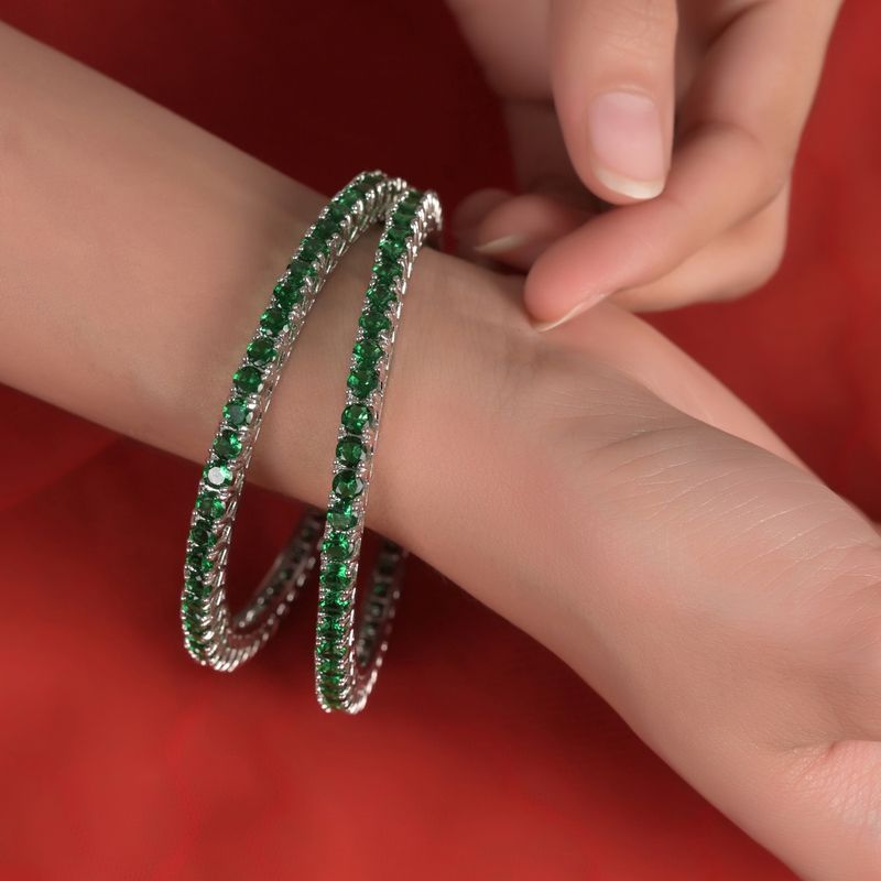 Ratnavali Jewels Silver Plated Green AD Cubic Zirconia Studded Solitaire Bangles (Set of 2) (2.8)