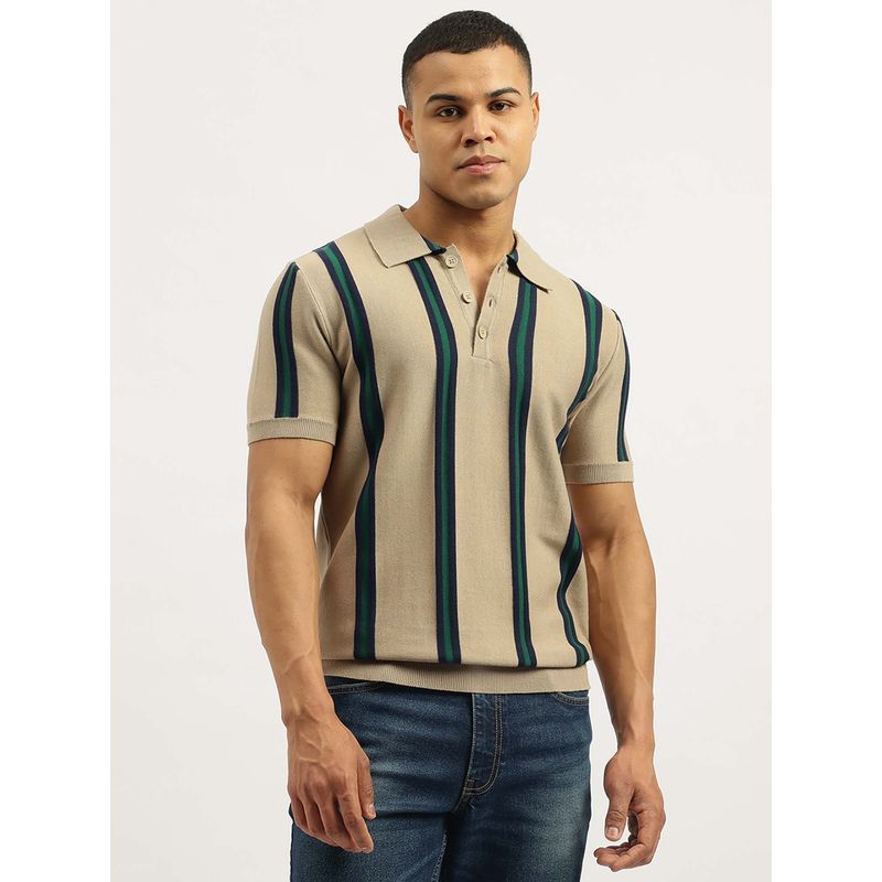 United Colors of Benetton Men Stripes Tan Collar Neck Polo T-Shirt (L)
