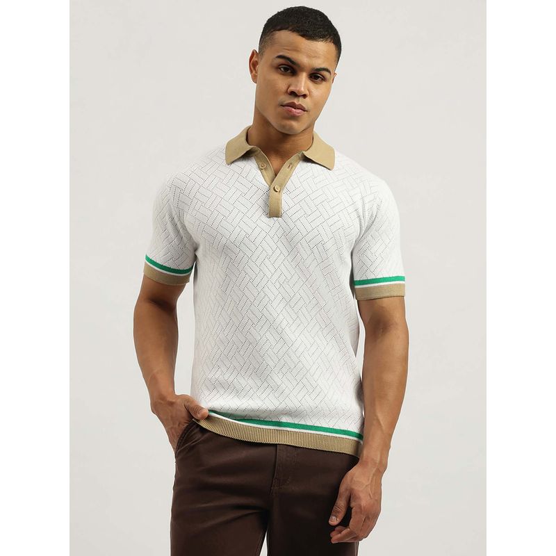 United Colors of Benetton Men Self Design White Collar Neck Polo T-Shirt (XL)