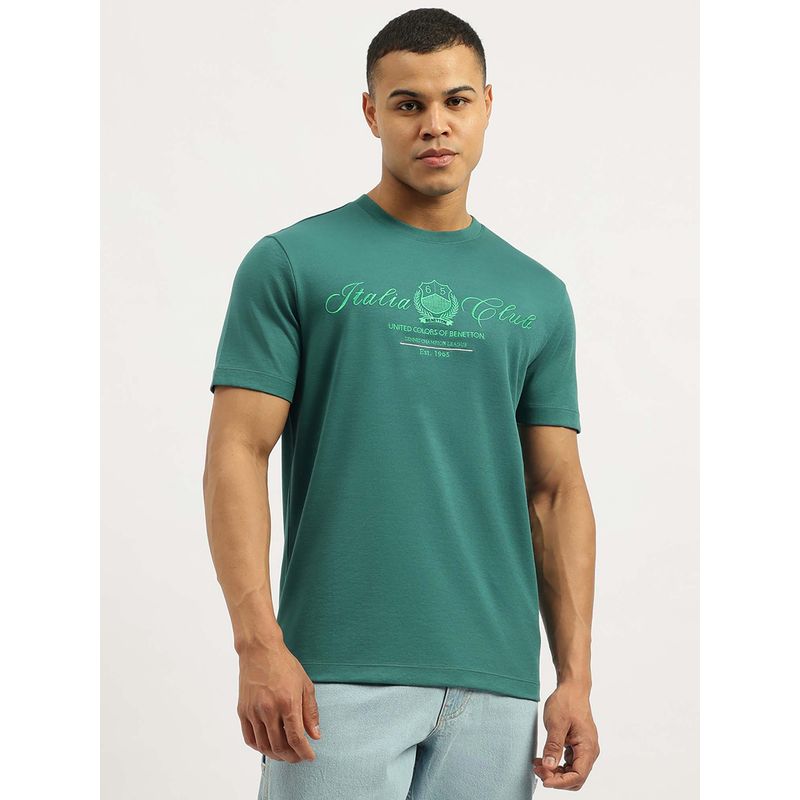 United Colors of Benetton Men Embroidered Teal Crew Neck T-Shirt (XL)