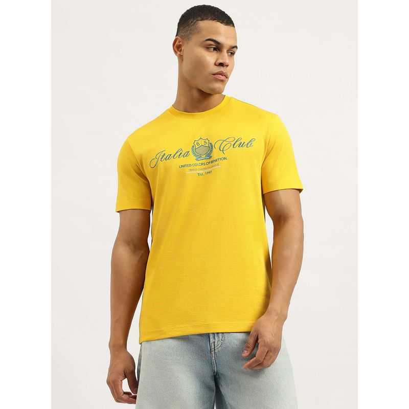 United Colors of Benetton Men Embroidered Yellow Crew Neck T-Shirt (XL)