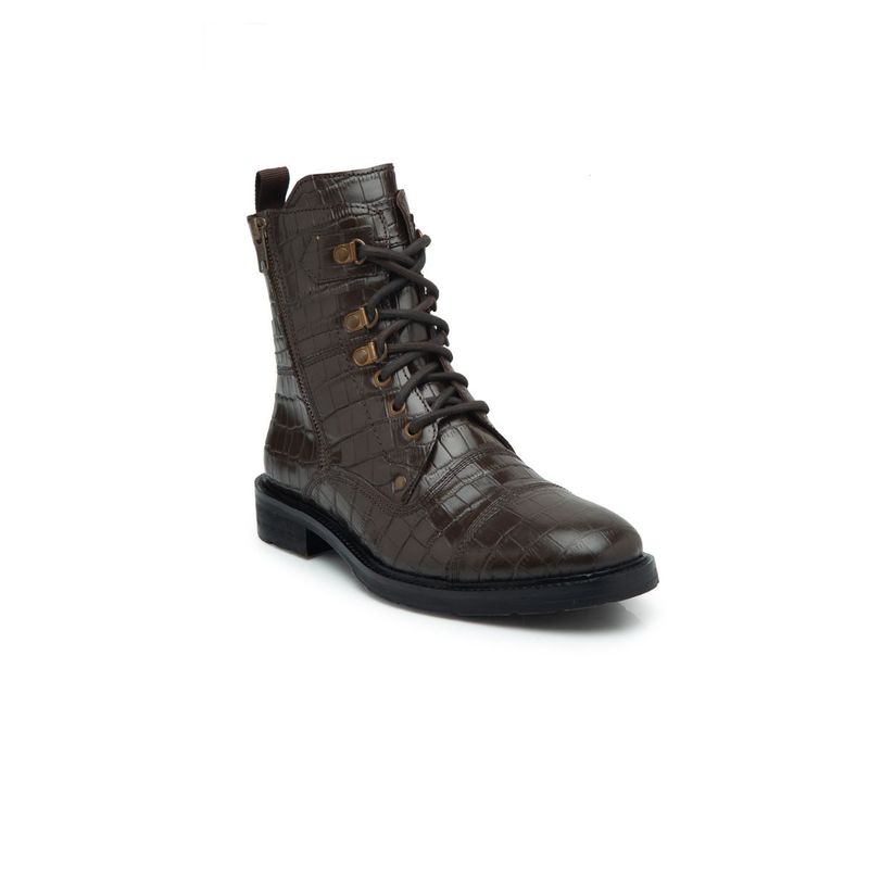 Teakwood Men Brown Textured Leather High Top Boots - Euro 41