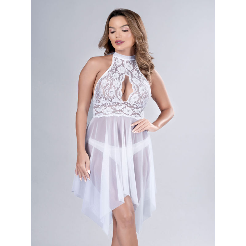 Herryqeal Lingerie Lace Babydoll Strap Chemise Halter Sleepwear for Honeymoon White (Set of 2) (XL)