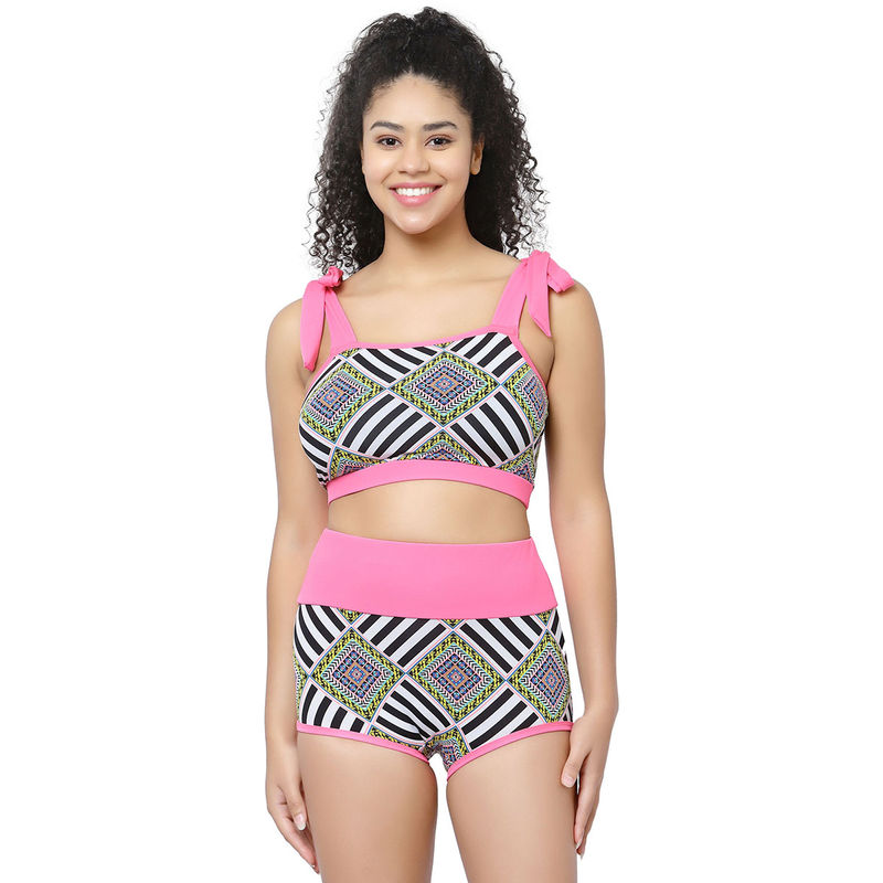 Cukoo Padded Pink Geometric Two Piece Tankini Swimwear (Set of 2) (S)