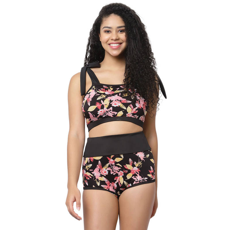 Cukoo Padded Black Floral Printed Tankini (Set of 2) (S)