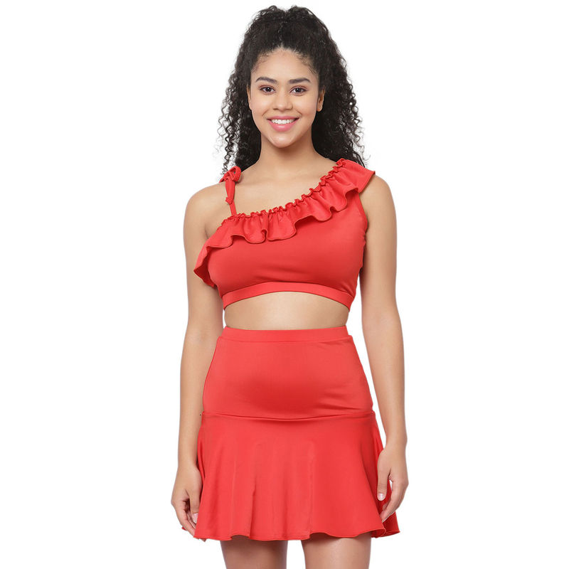 Cukoo Padded Red Two Piece Skirtini Swimwear (Set of 2) Buy Cukoo Padded Red Two Piece Skirtini