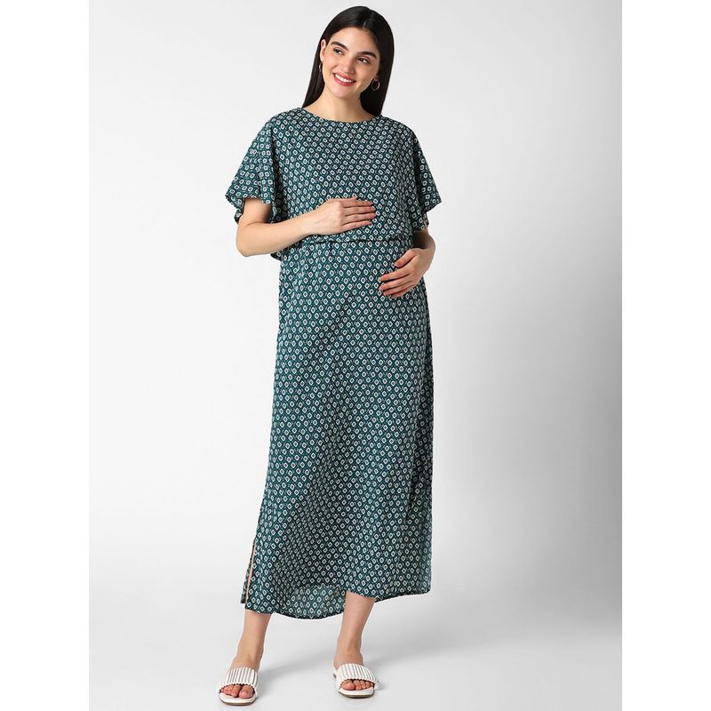Mystere Paris Peacock Green Printed Comfy Maternity Dress (M)