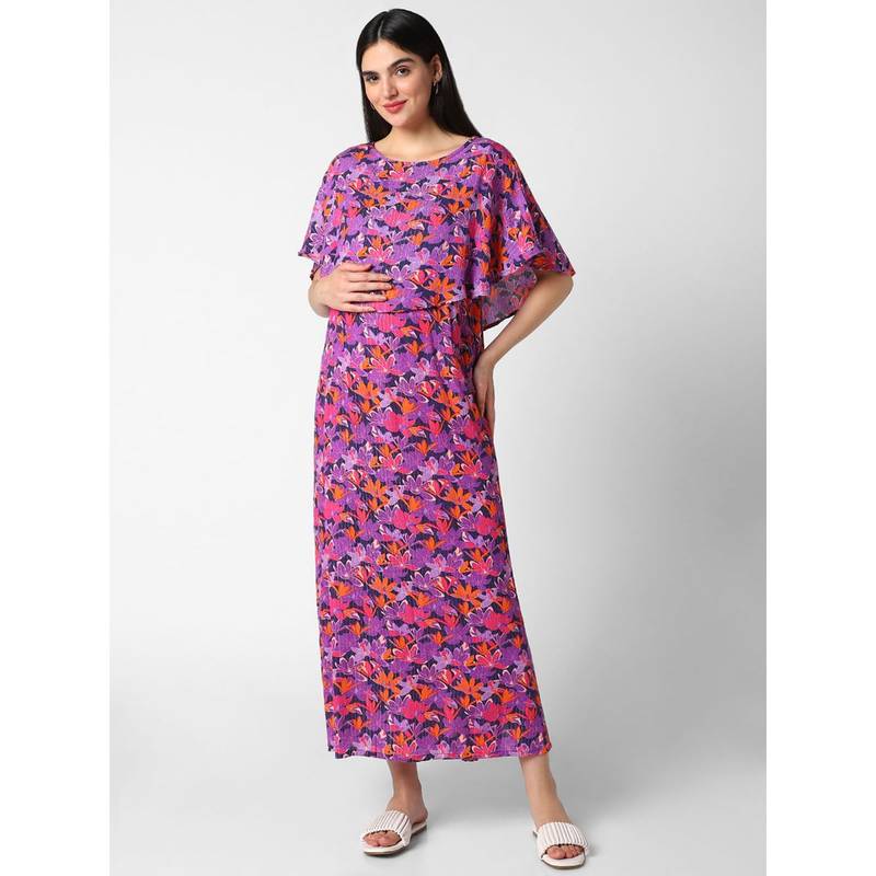 Mystere Paris Multicolor Crinkled Floral Maternity Dress (M)