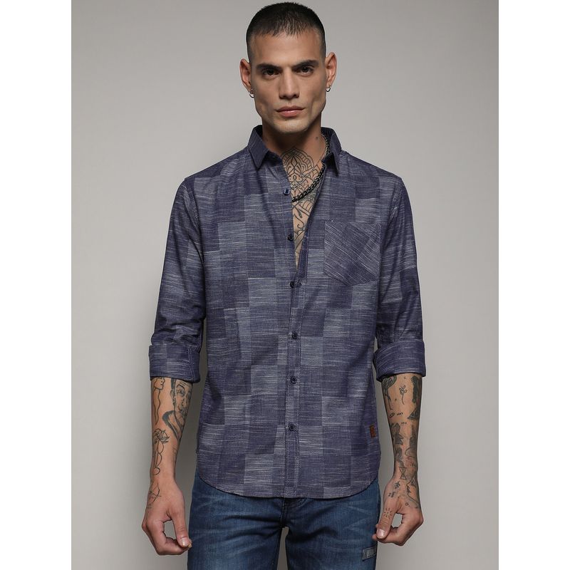 Campus Sutra Mens Steel Blue Heathered Denim Check Shirt (M)