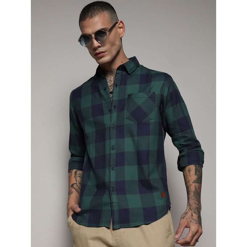 Campus Sutra Mens Navy Blue & Forest Green Buffalo Check Shirt (L)