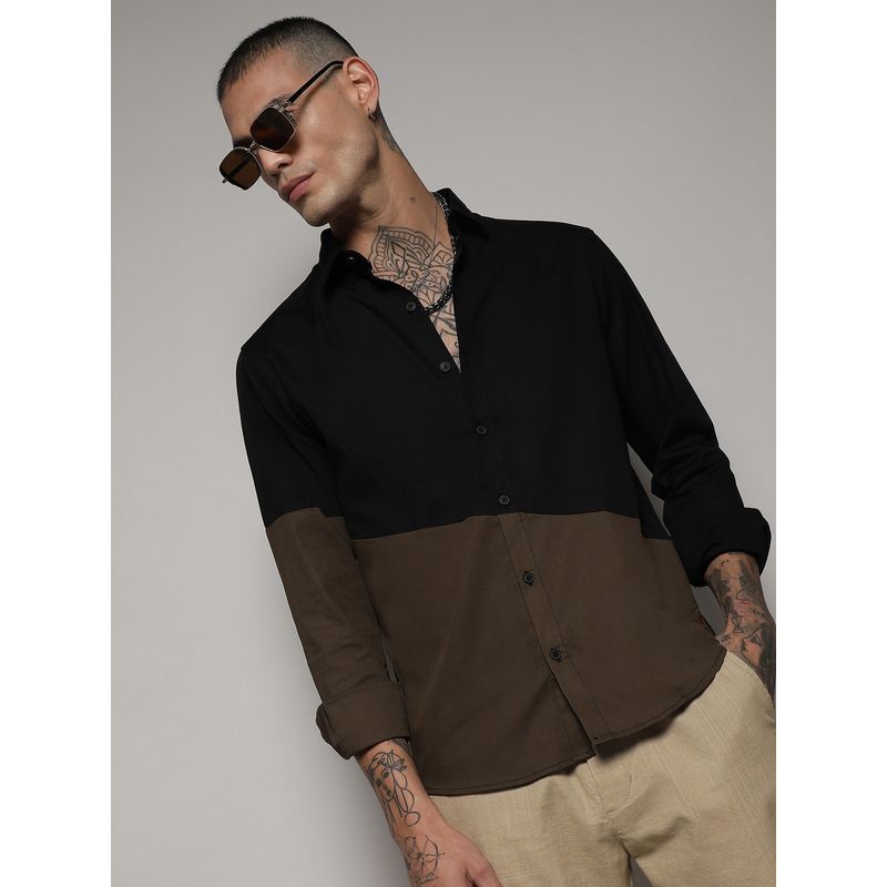 Campus Sutra Mens Black & Olive Green Contrast Panel Shirt (M)
