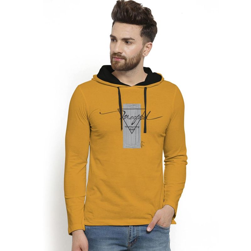 BULLMER Mustard Yellow Trendy Printed Hooded T-Shirt for Men (L)