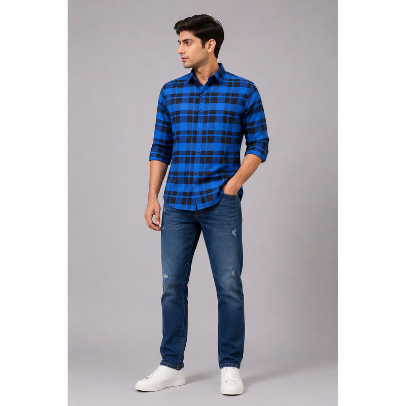 necked Mens Blue Black Checked 100% Cotton Slim Fit Full Sleeve Casual Shirt (M)