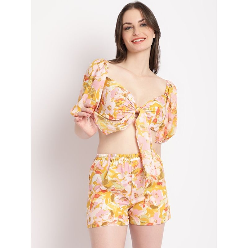 Erotissch Women Yellow Floral Printed Beachwear Top and Shorts (Set of 2) (S)