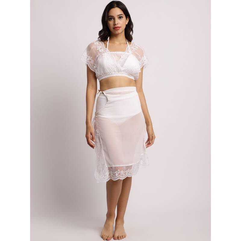 AOBA Women White Semi Sheer Beachwear Top and Skirt (Set of 2) (M)