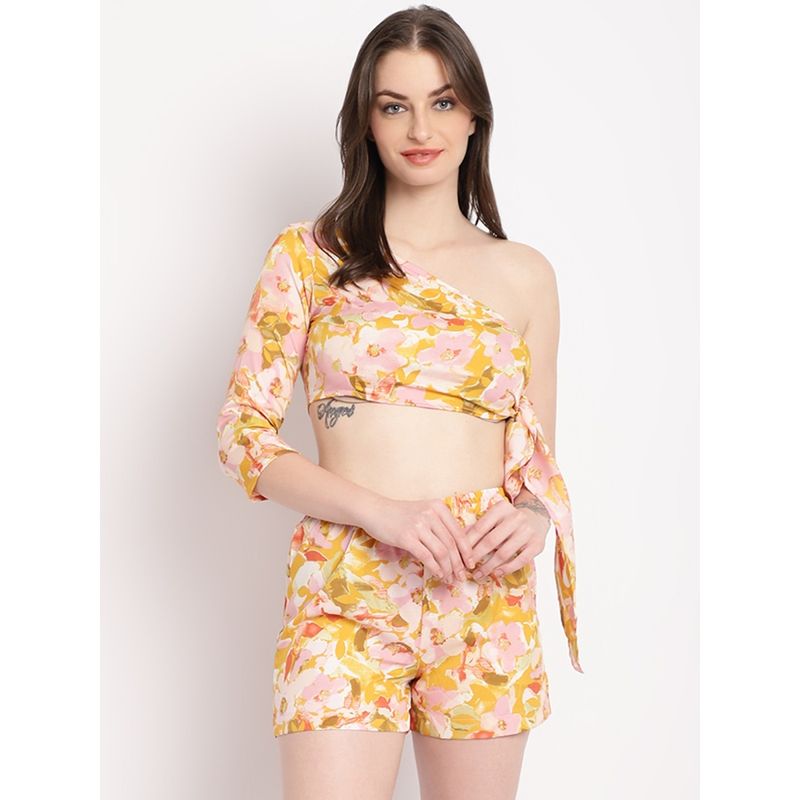 Erotissch Women Yellow Floral Print Beachwear Top and Shorts (Set of 2) (S)