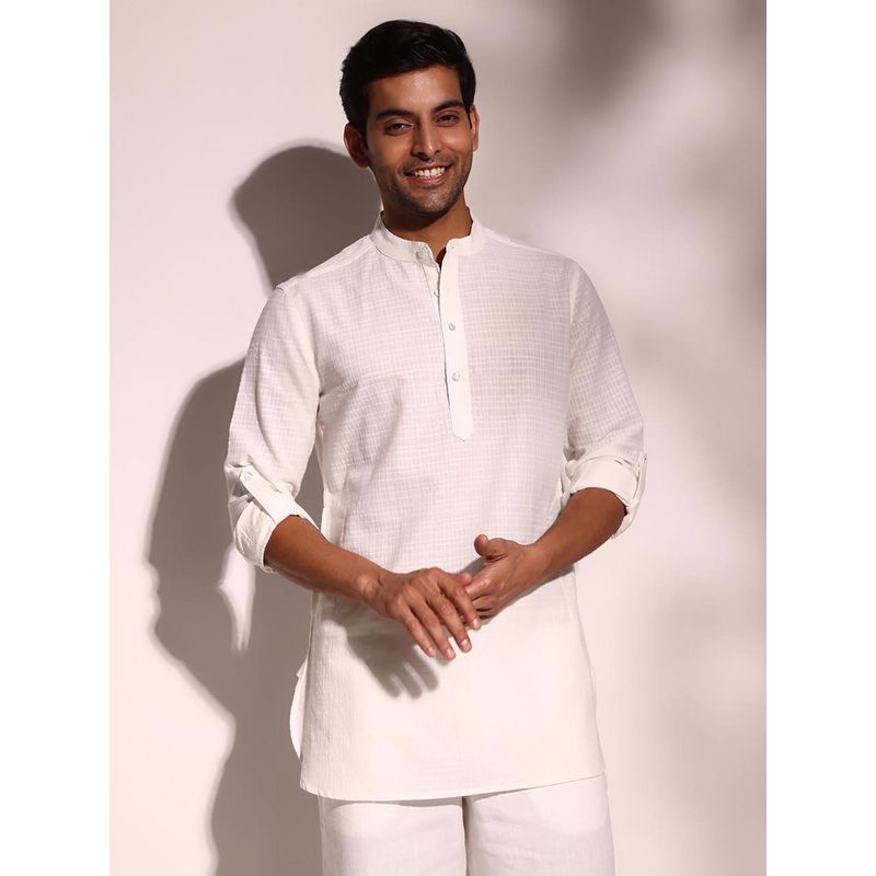 Fabindia White Cotton Woven Slim Fit Short Kurta (L)