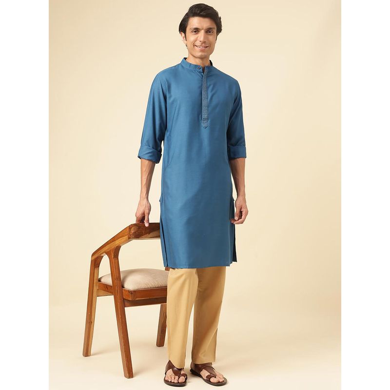 Fabindia Blue Viscose Silk Slim Fit Long Kurta (XS)