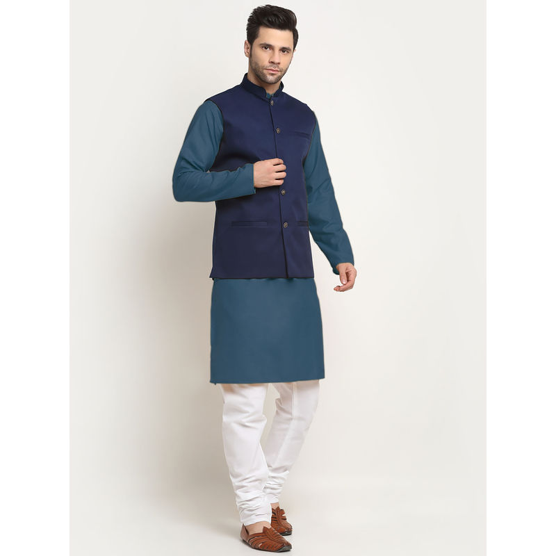 Kraft India Cotton Denim Blue Kurta and Pyjama with Nehru Jacket (Set of 3) (44)