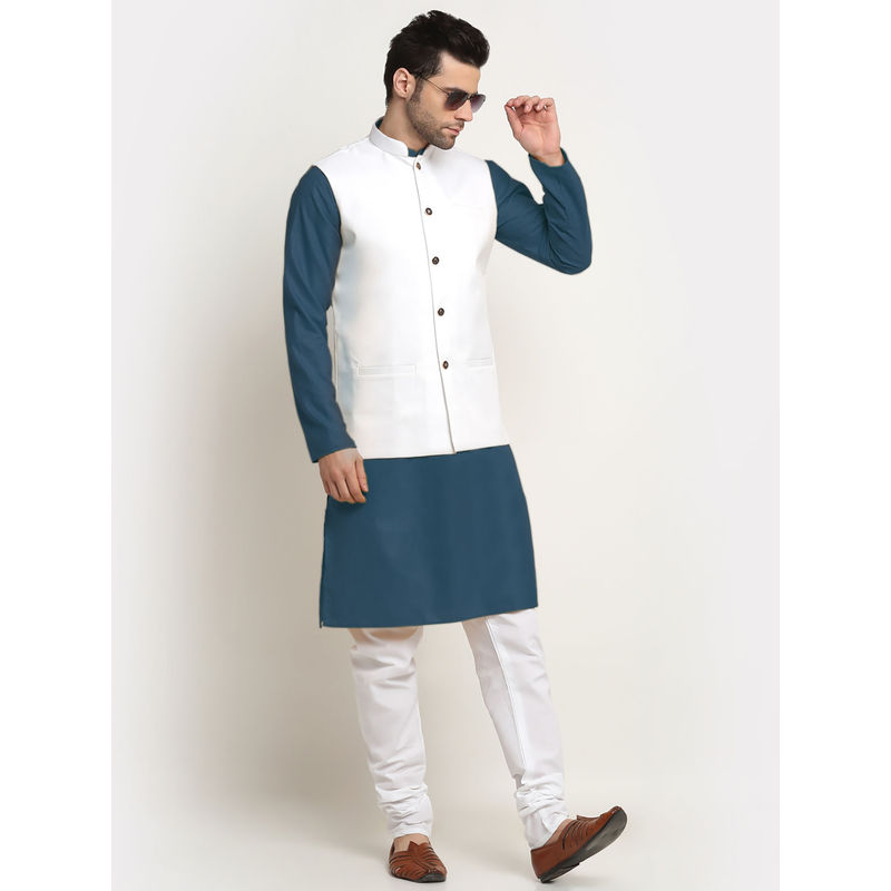 Kraft India Cotton Denim Blue Kurta and Pyjama with White Nehru Jacket (Set of 3) (36)