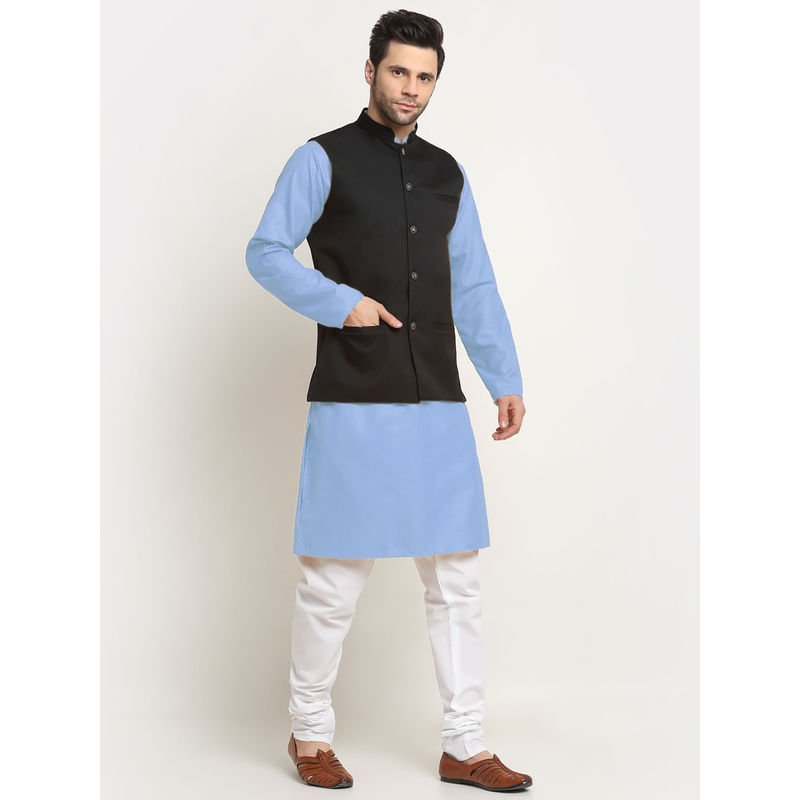 Kraft India Cotton Sky Blue Kurta and Pyjama with Twill Black Nehru Jacket (Set of 3) (36)