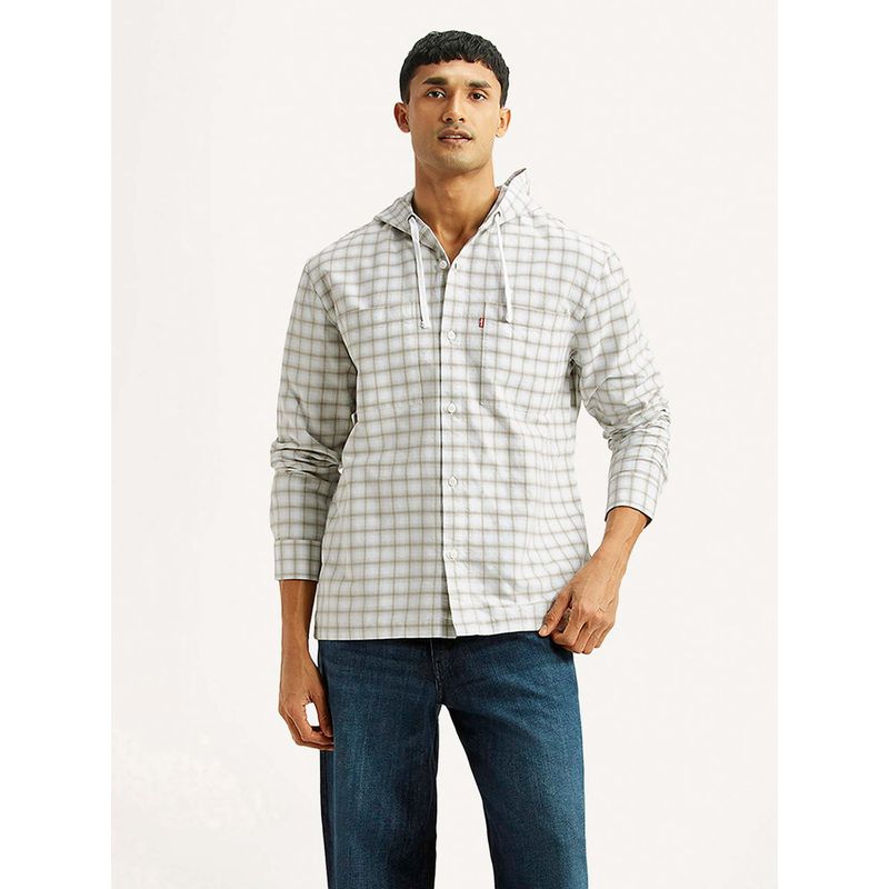 Levi's White Cotton Full Sleeves Hooded Shirt (L)