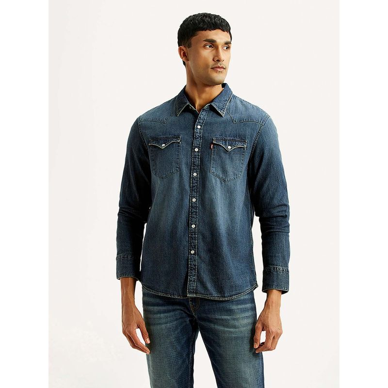 Levi's Blue Cotton Full Sleeves Collar Neck Shirt (L)