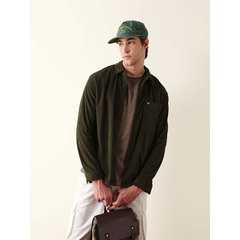 THE BEAR HOUSE Olive Lycra Full Sleeves Collar Neck Shirt (M)