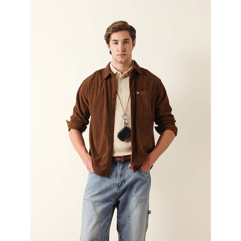 THE BEAR HOUSE Brown Lycra Full Sleeves Collar Neck Shirt (2XL)