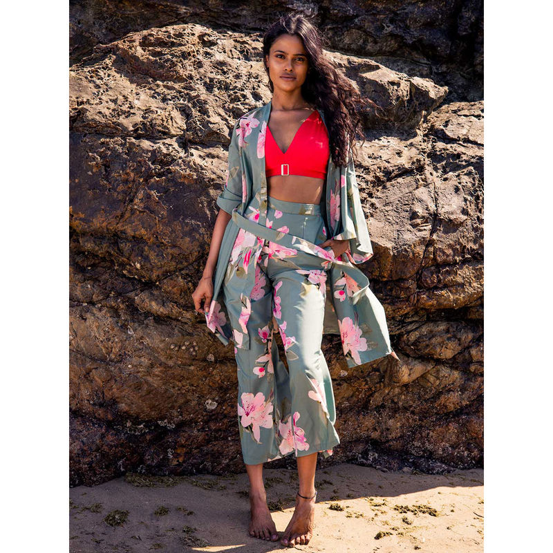 AOBA Women Green Floral Printed Robe & Palazzo Beachwear (Set of 2) (S)