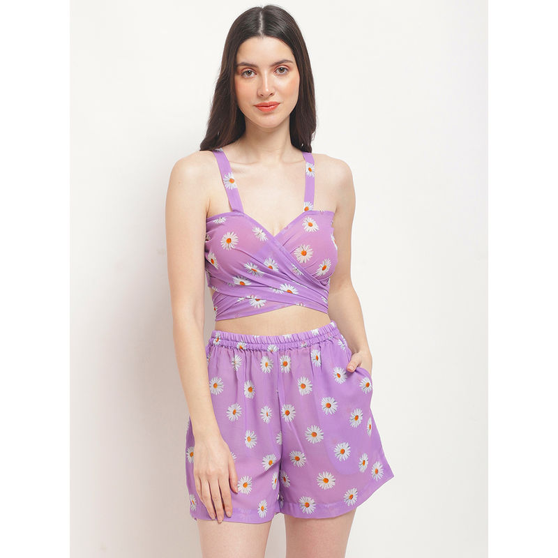 AOBA Women Purple Floral Printed Beachwear (Set of 2) (S)