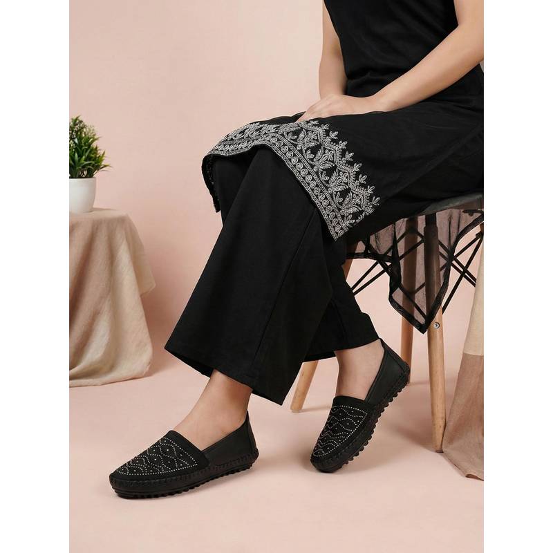 Carlton London Women Embellished Round Ballerina - Black (EURO 36)