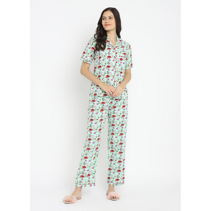 Shopbloom Lips Don't Lie Print Short Sleeve Womens Night Suit (Set of 2) (XS)