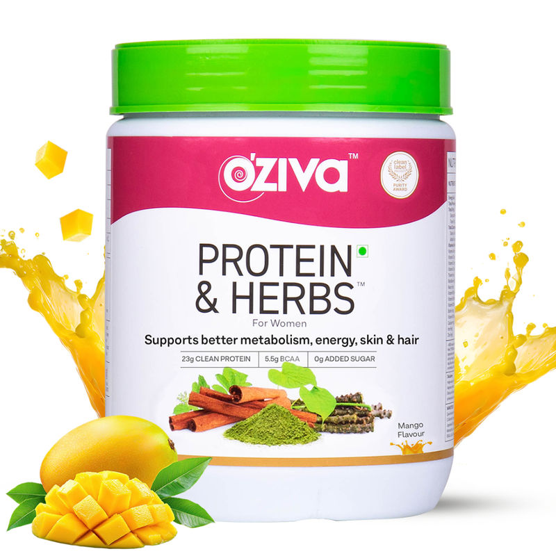 OZiva Protein & Herbs Women Protein with Multivitamins for Better Metabolism Skin & Hair, Mango