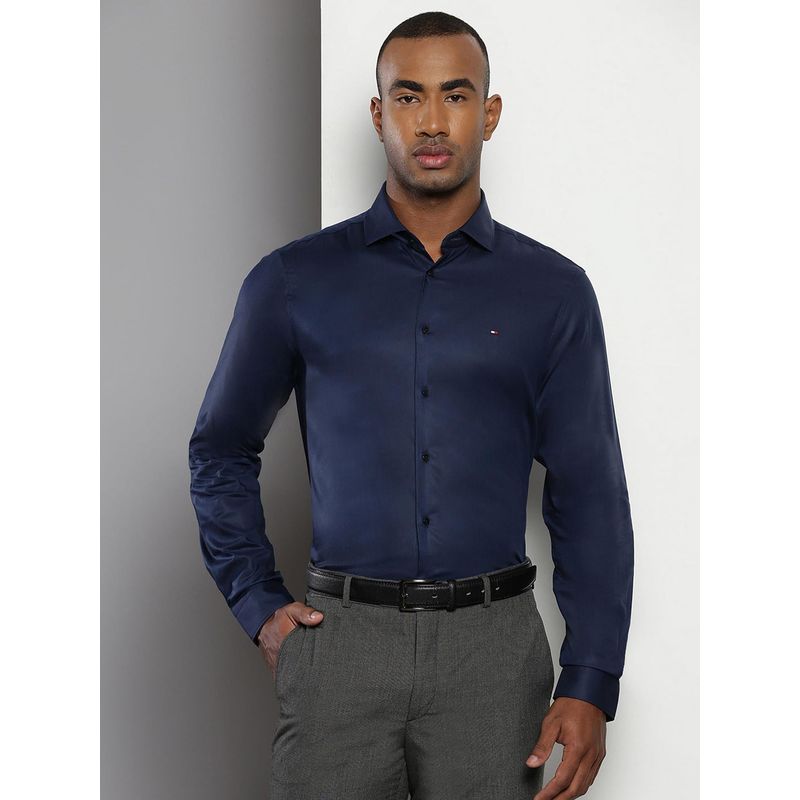 Tommy Hilfiger Men Solid Cotton Navy Blue Shirt (42)