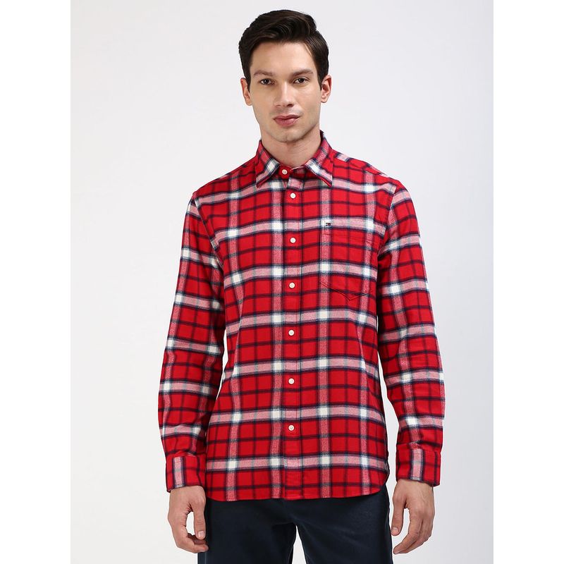 Tommy Hilfiger Men Checks Cotton Red Shirt (2XL)