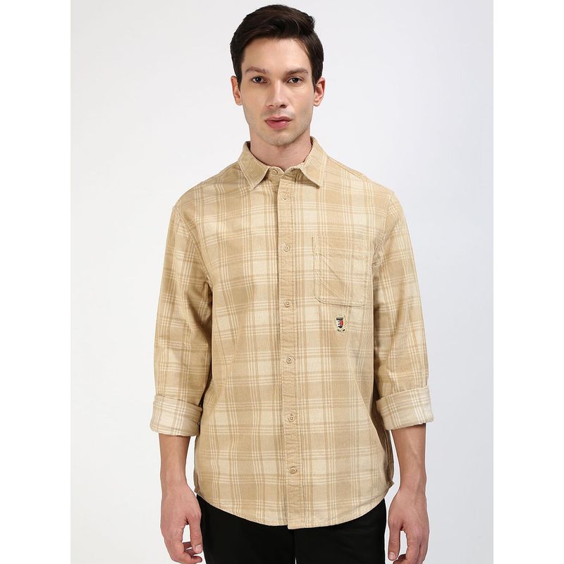 Tommy Hilfiger Men Checks Cotton Beige Shirt (M)