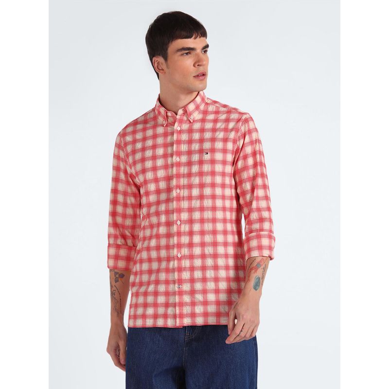 Tommy Hilfiger Men Checks Cotton Red Shirt (2XL)