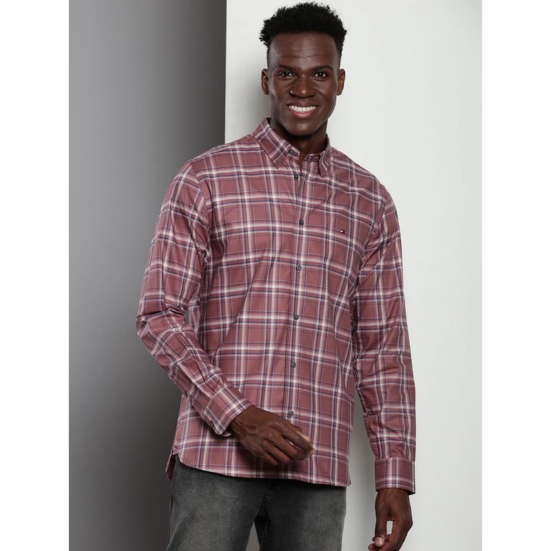 Tommy Hilfiger Men Checks Cotton Mauve Shirt (2XL)
