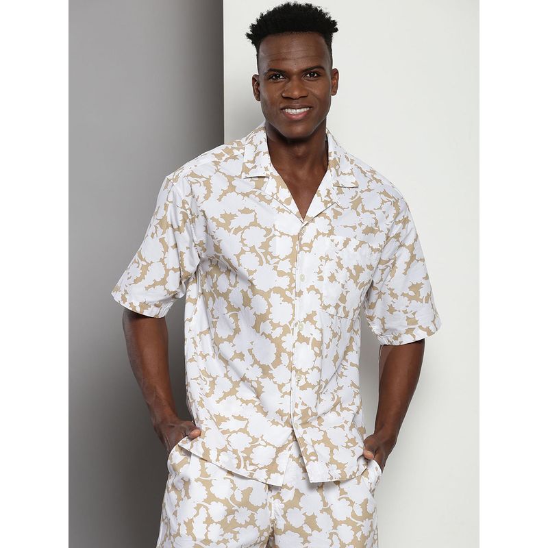 Tommy Hilfiger Men Printed Cotton Beige Shirt (M)