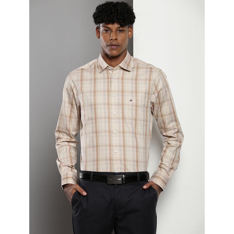 Tommy Hilfiger Men Checks Cotton Beige Shirt (42)