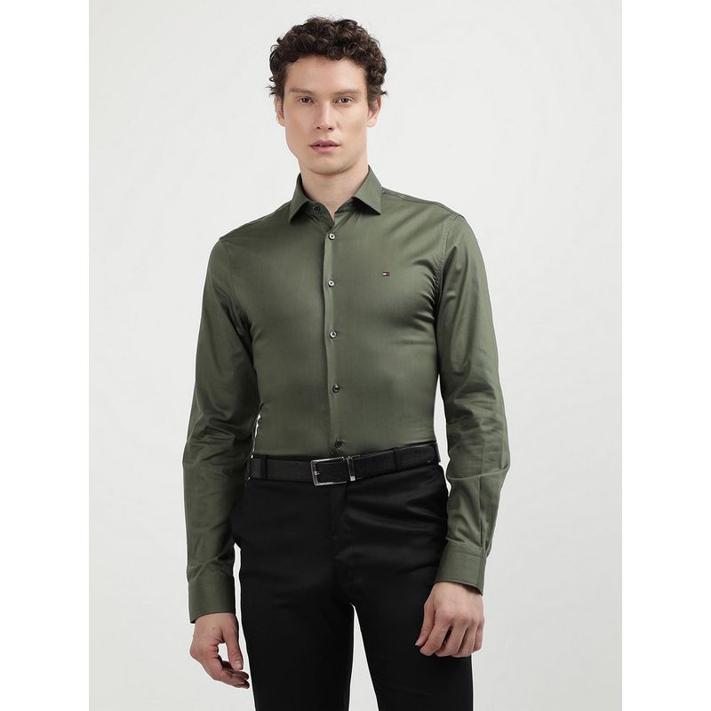 Tommy Hilfiger Men Solid Cotton Green Shirt (42)