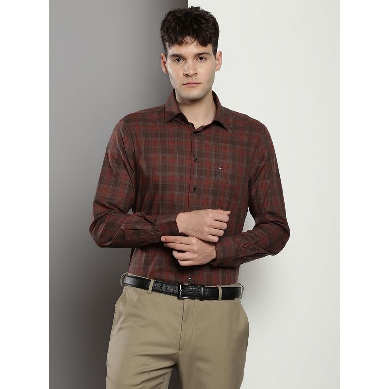 Tommy Hilfiger Men Checks Cotton Brown Shirt (46)