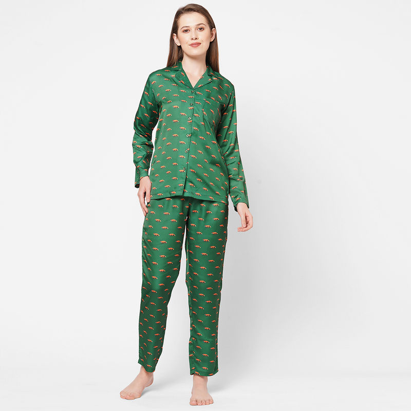 Drape In Vogue Women Fox Print Satin Night Suit - Green (S)