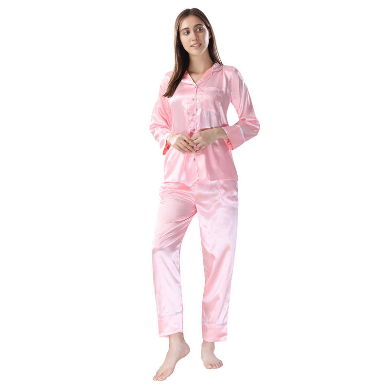 PIU Women's Solid Pink Satin Pajama Set - Pink (S)