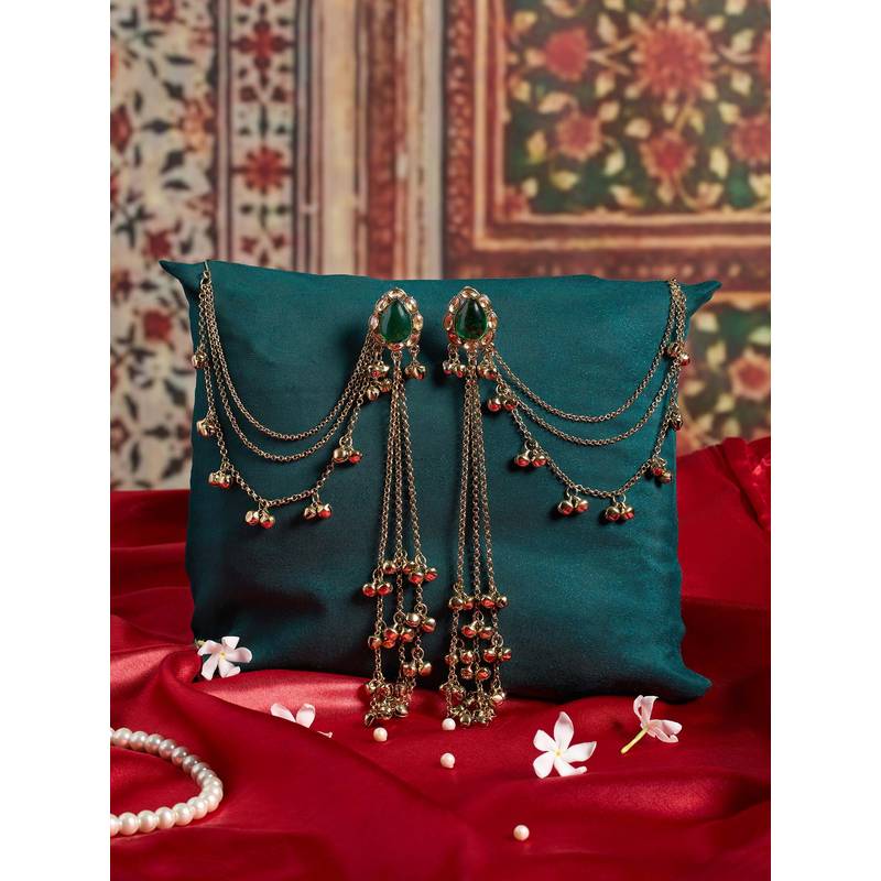 Zaveri Pearls Green Stone Kashmiri Ghungroo Ear Chain Dangler Earring-Zpfk22195