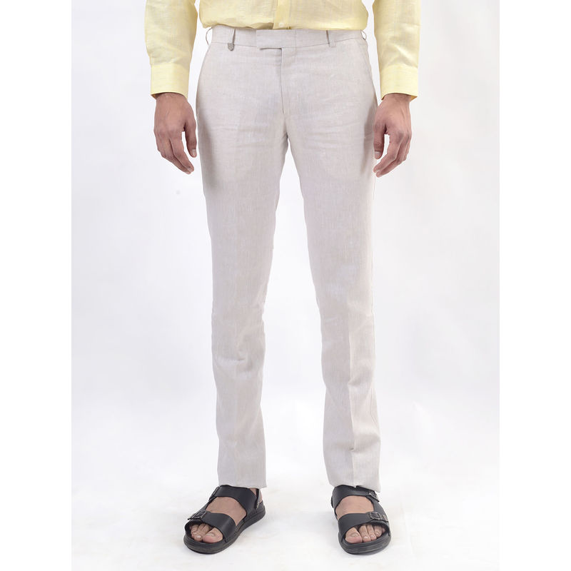 JB Studio Men Cream Slim Fit Linen Formal Trouser (38)