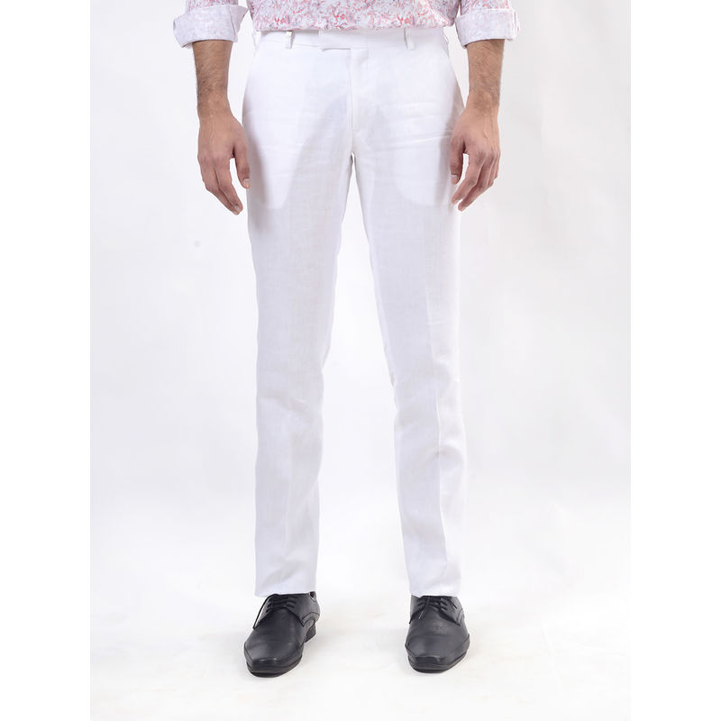 JB Studio Men White Slim Fit Linen Formal Trouser (34)